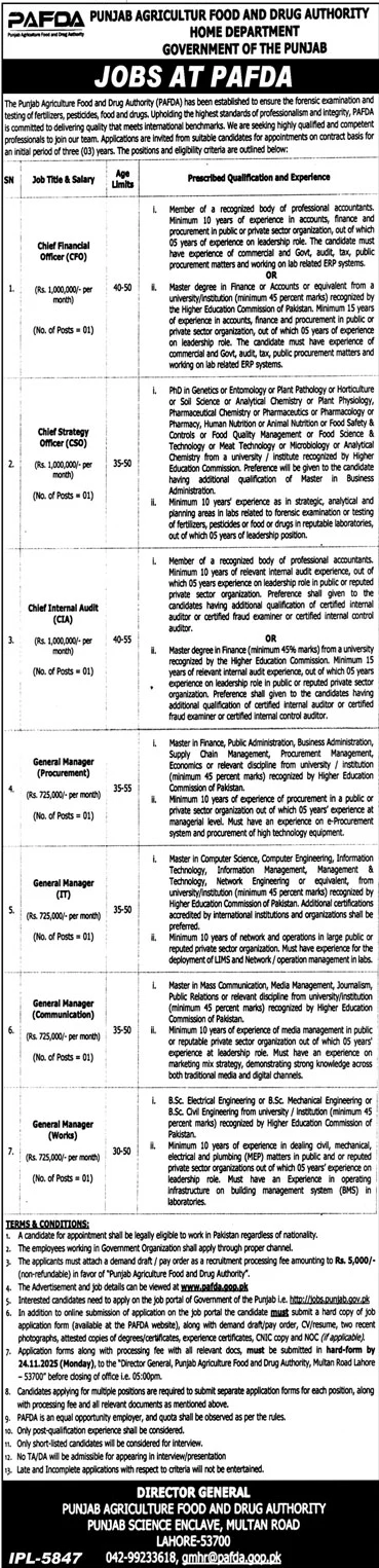 Jobs in Punjab Agriculture Food & Drug Authority Home Department